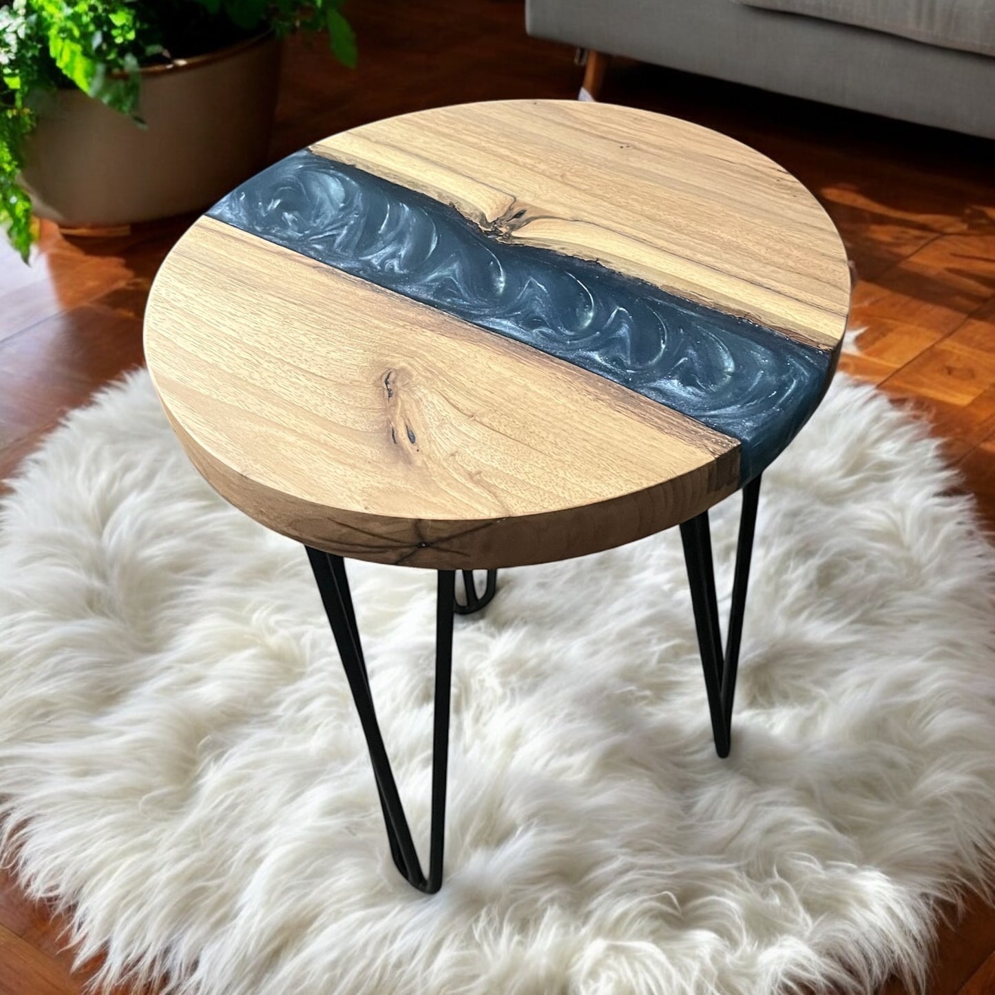 Walnut & Epoxy Resin End Table - Golden Blue