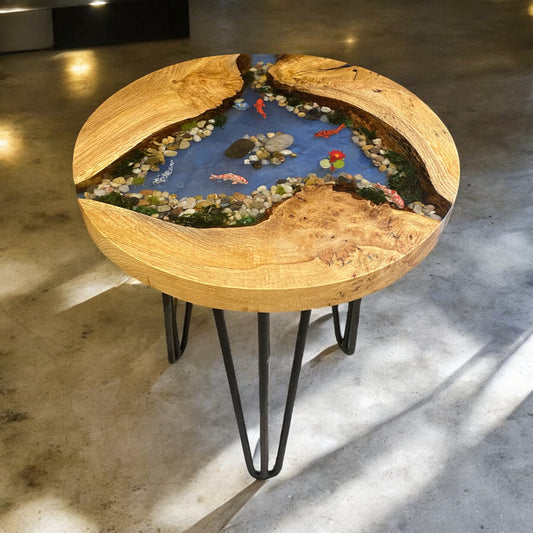 front view displaying the full table top design, showing the koi fish and natural oak contrast.