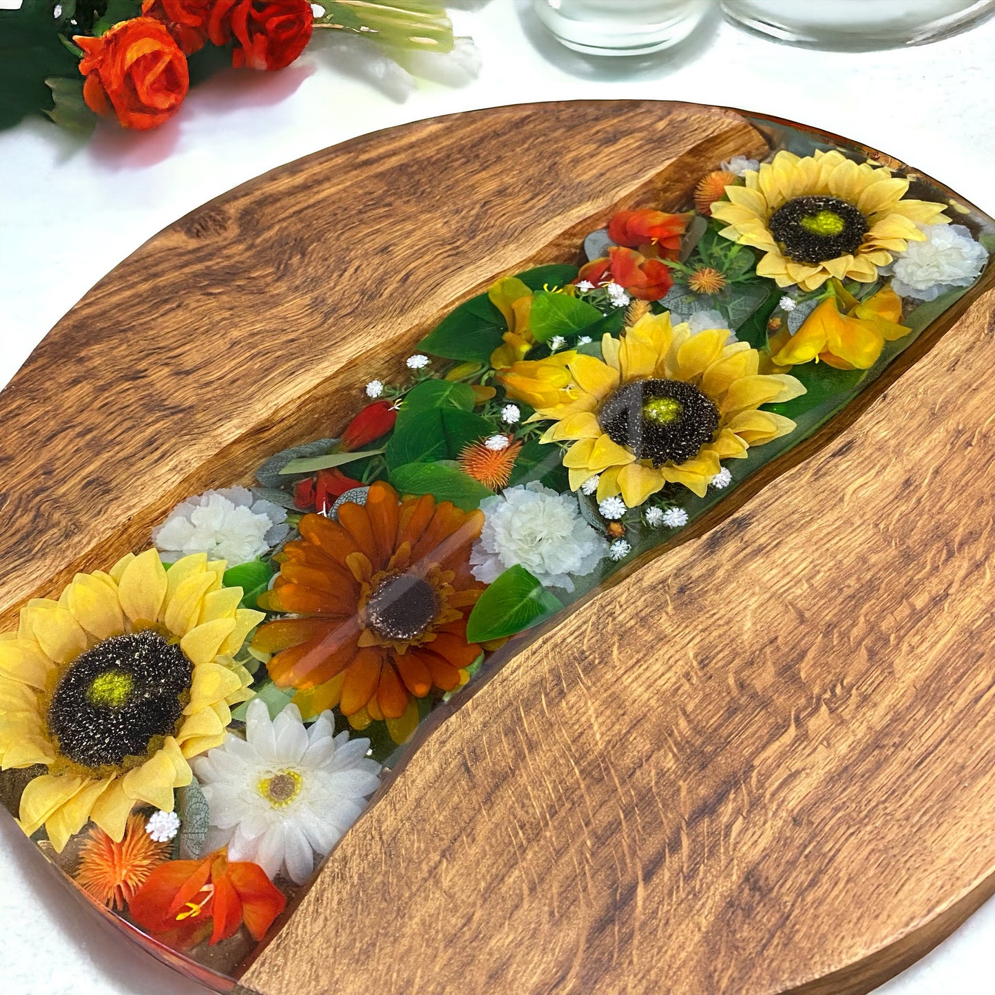 Made To Order Live Edge Oak & Epoxy Resin Wedding Bouquet Table