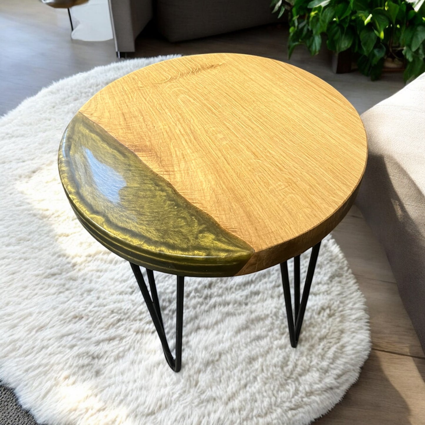 A close-up of the right side, emphasizing the organic wood grain and the depth of the metallic gold resin design
