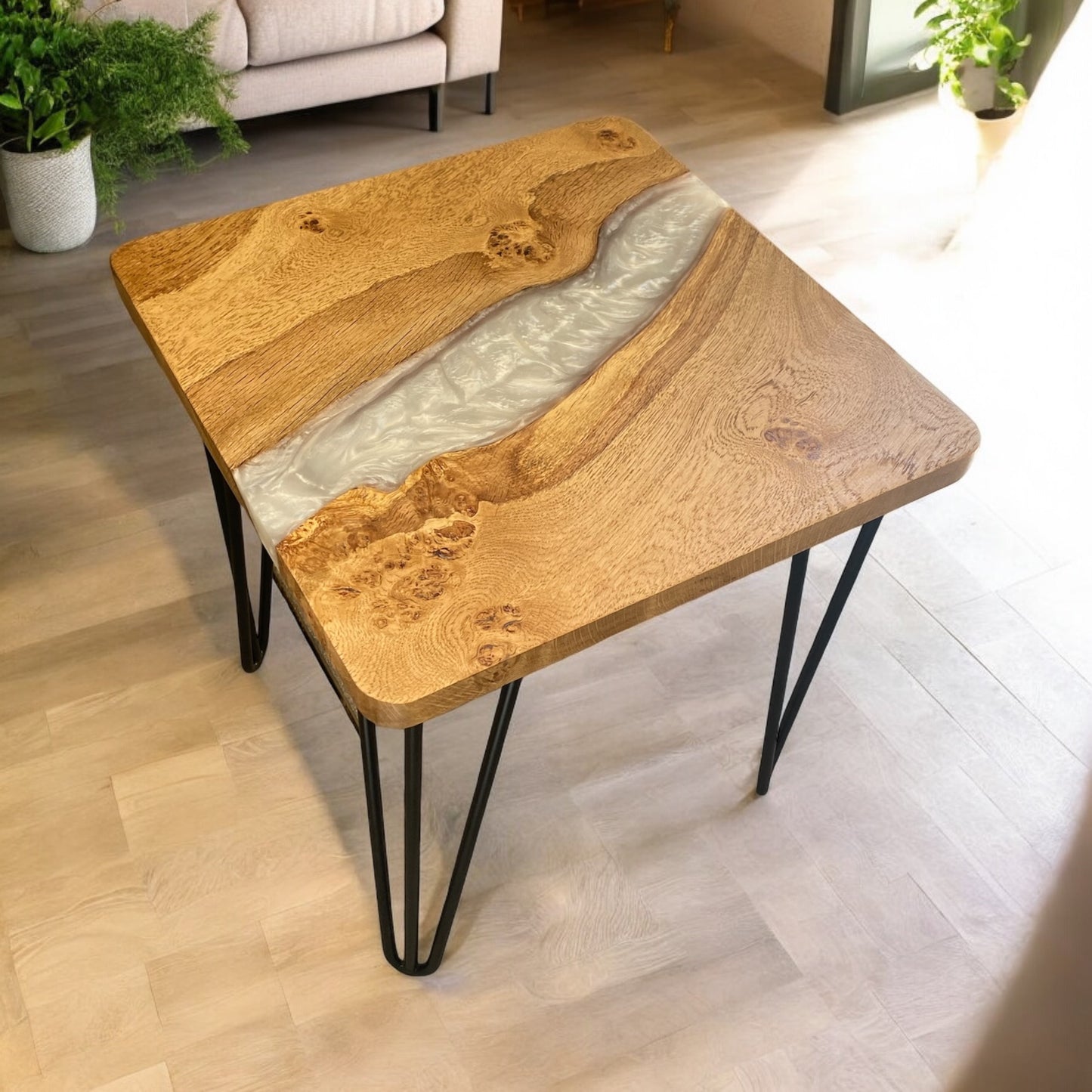 Left-side view of the square end table, emphasizing the solid oak structure and elegant epoxy detailing.