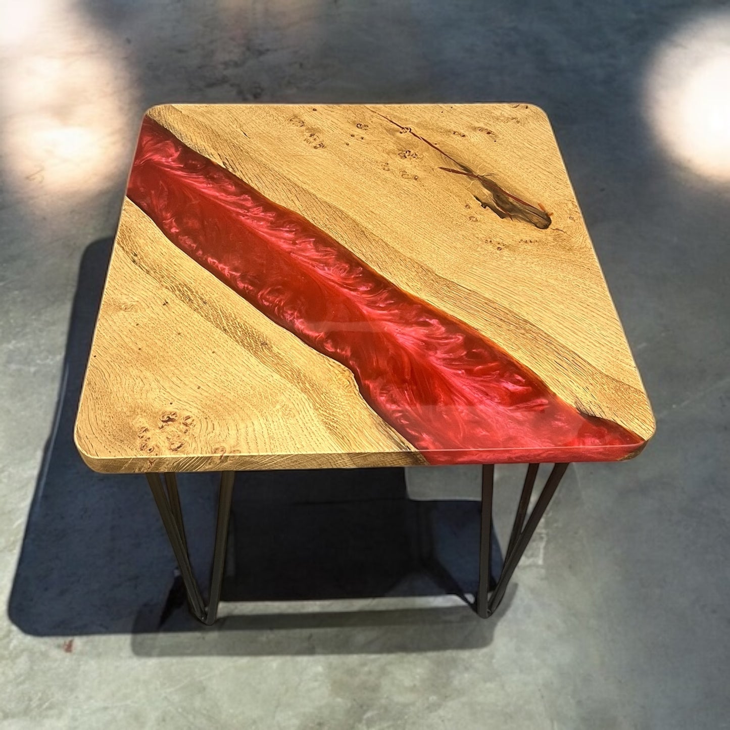 Oak & Epoxy Square End Table - Lava Red
