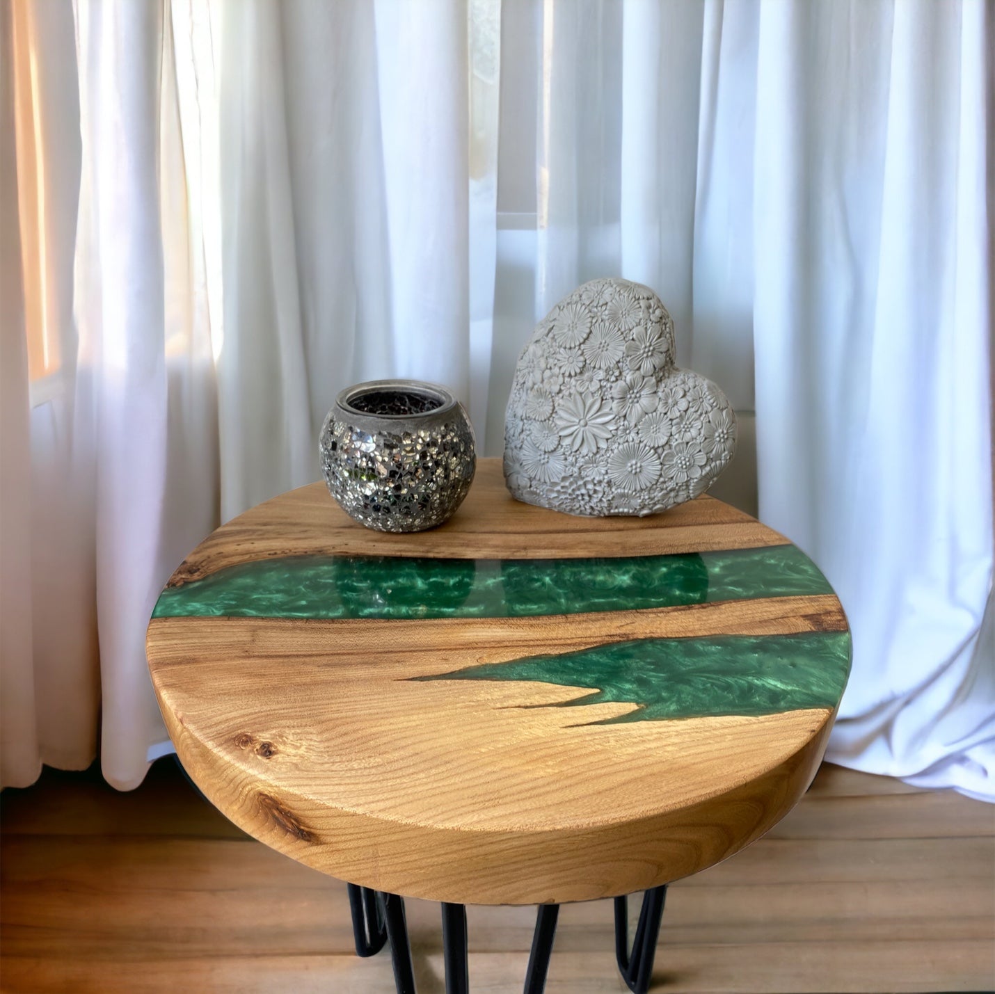 handmade oak and forest green epoxy resin end table, blending organic wood patterns with a rich, glossy resin finish.