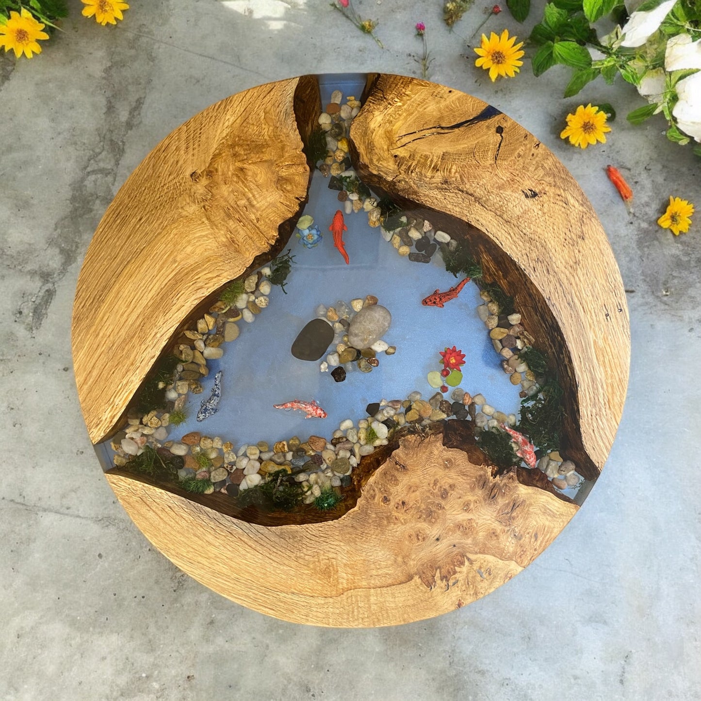 Top-down view of the entire table, emphasizing the harmonious blend of wood, resin, and koi details.