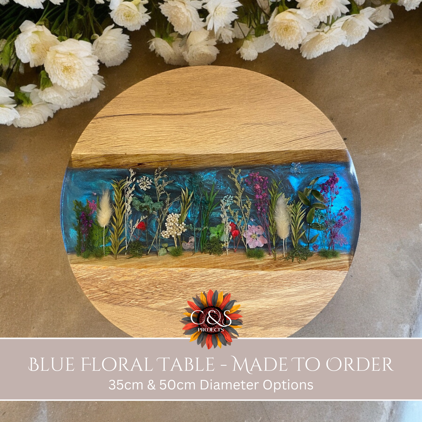 Made To Order Live Edge Oak & Epoxy Resin End Table - Blue Floral