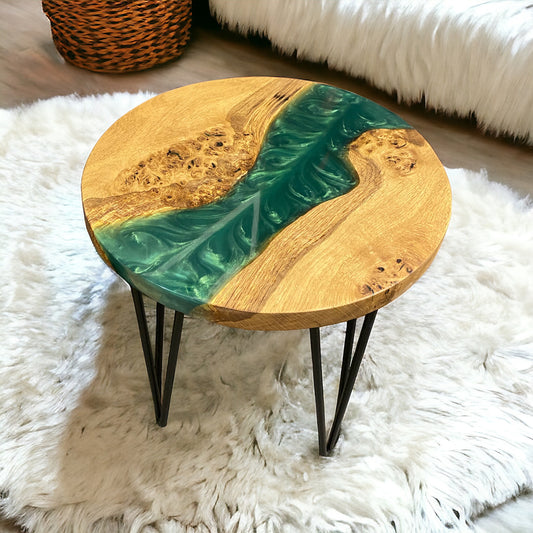 Oak & Epoxy Resin End Table - Forest Green