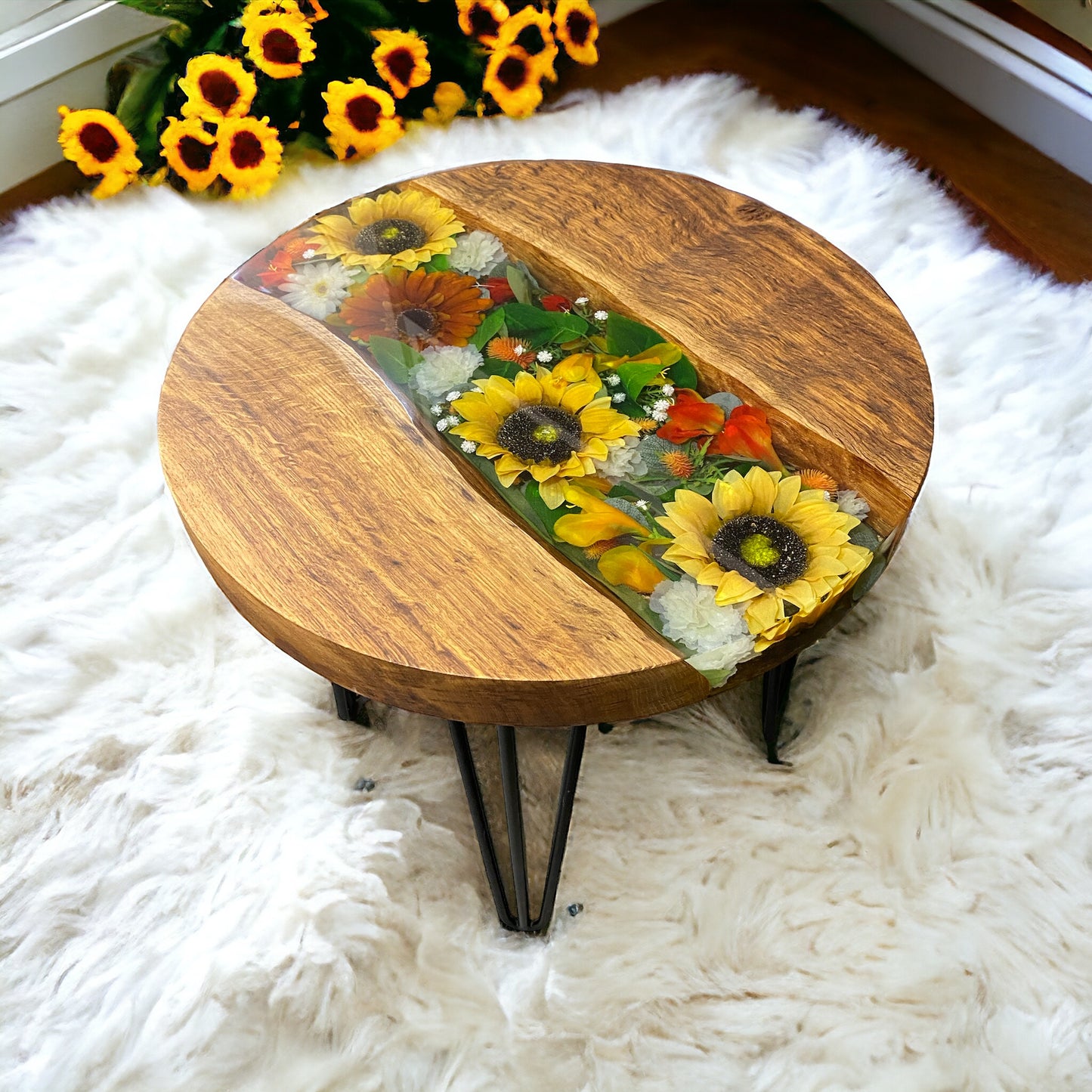 Oak & Epoxy Resin Coffee Table - Sunflowers
