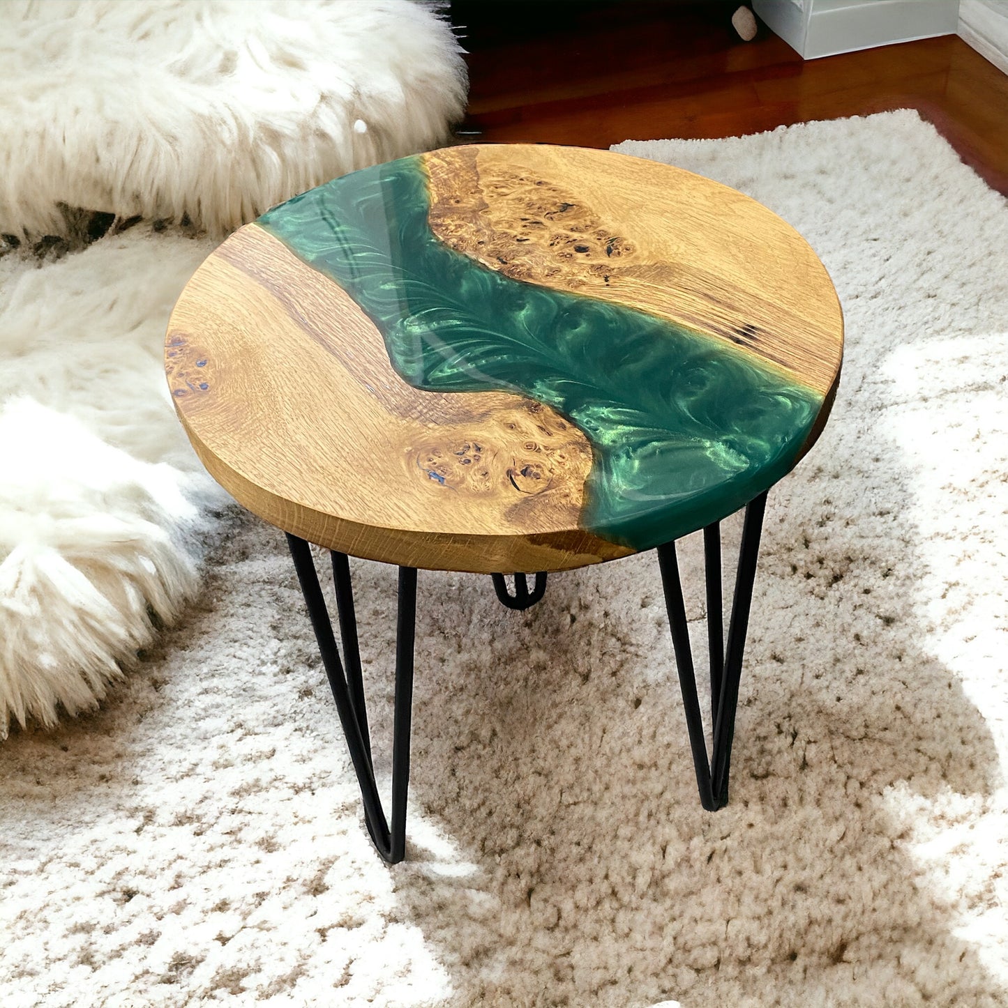 Handmade oak and resin end table with a bold forest green epoxy design, adding a unique and earthy touch to any space.