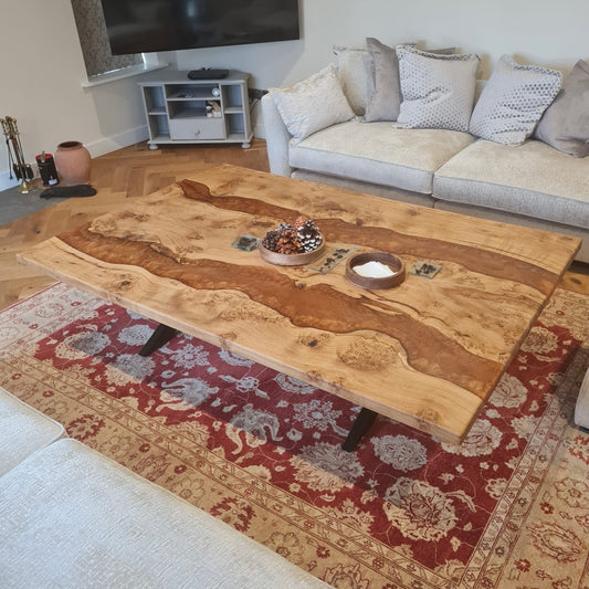Oak & Epoxy Resin Coffee Table with Matching End Tables - Burnt Umber