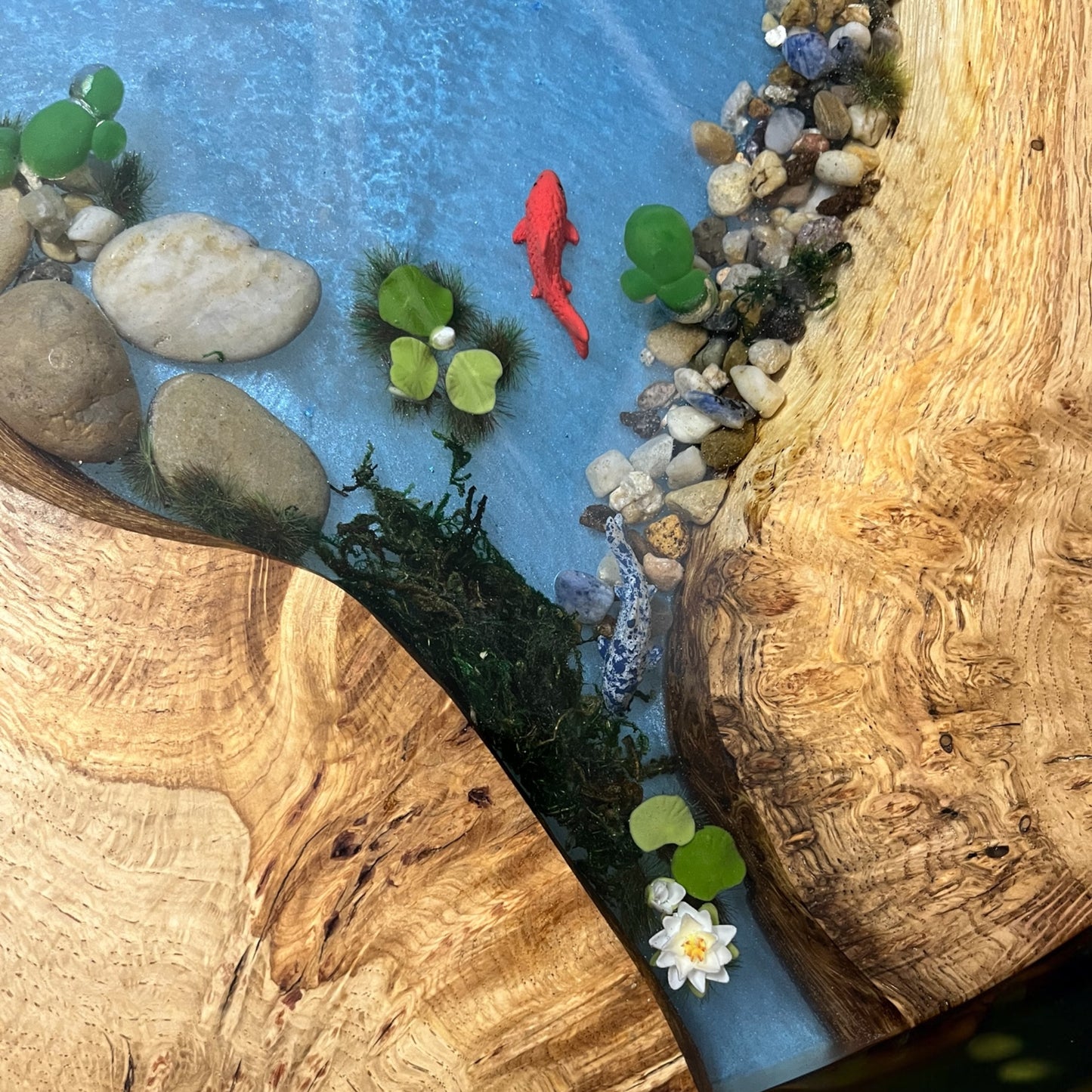 Oak & Epoxy Resin Coffee Table - Koi Pond Design