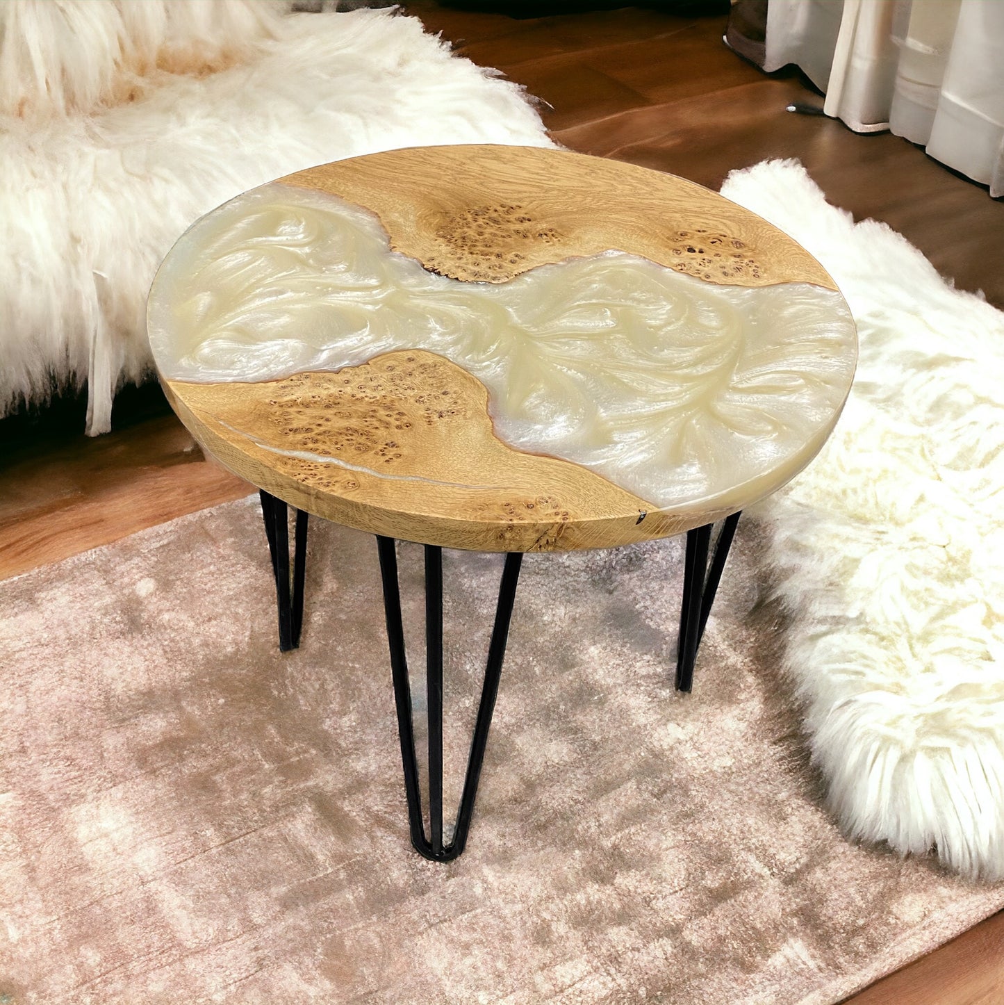 Oak & Epoxy Resin Round Coffee Table - Cream