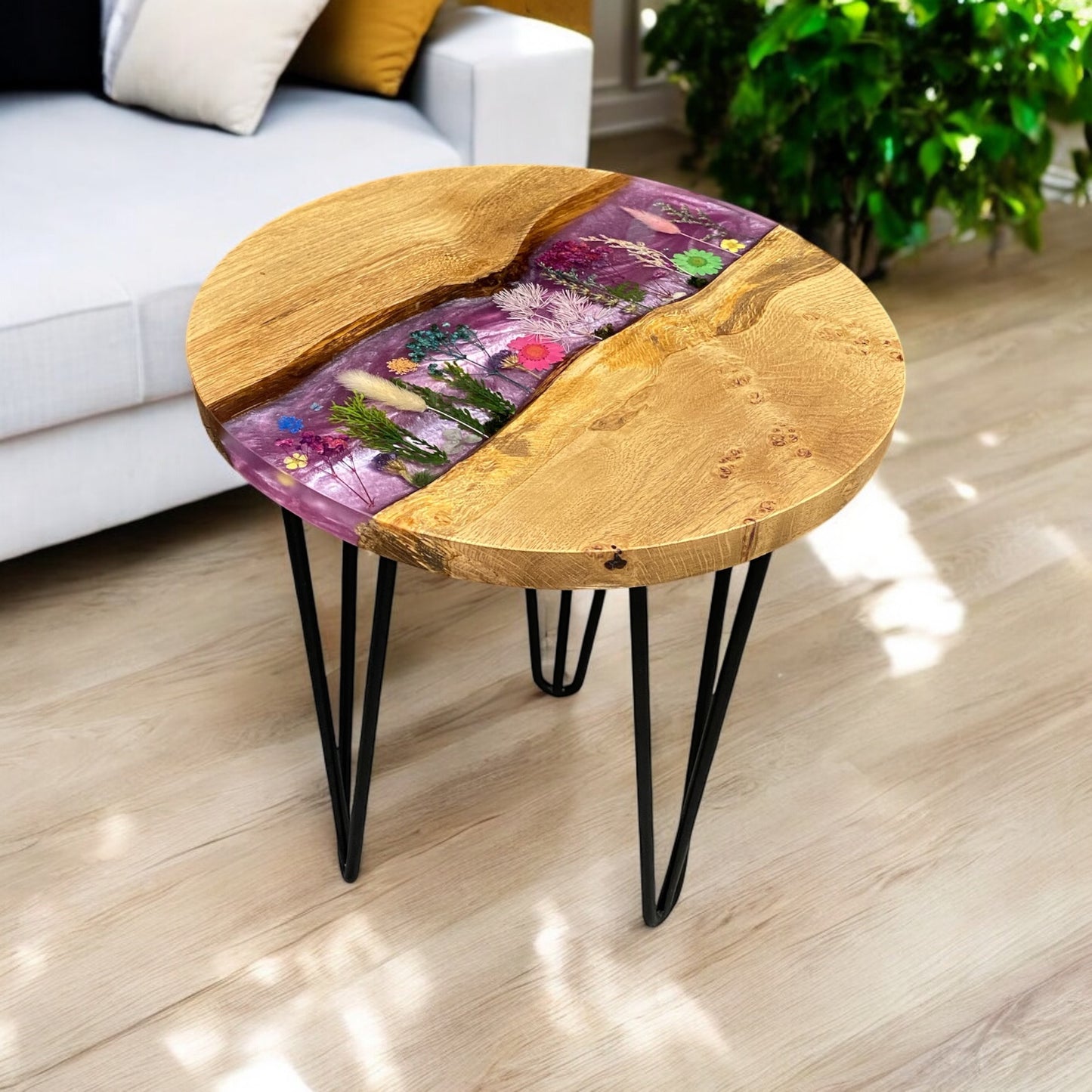 Made To Order Live Edge Oak & Epoxy Resin End Table - Pink Floral
