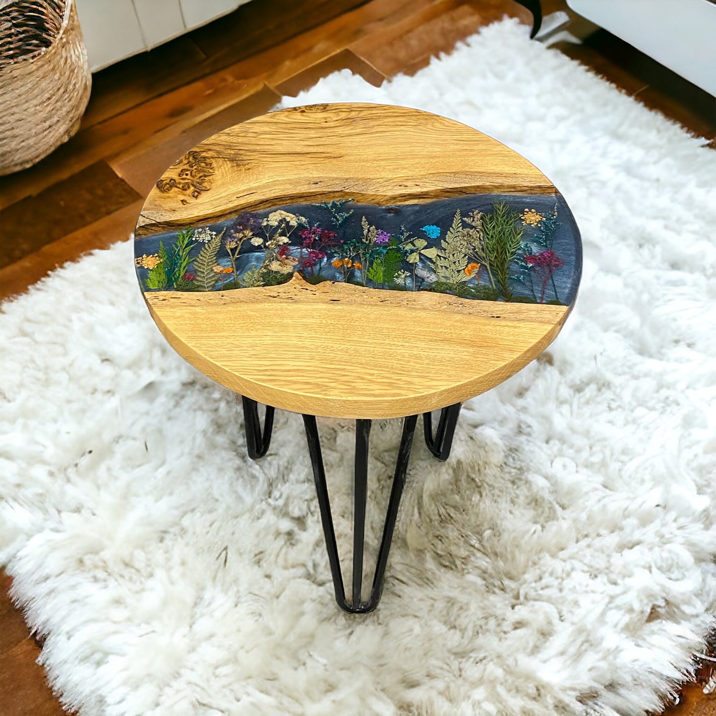 Made To Order Live Edge Oak & Epoxy Resin End Table - Blue Floral