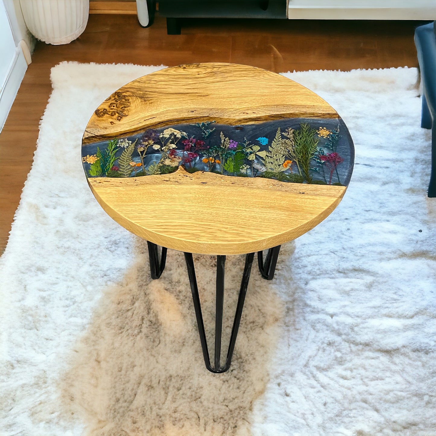 Made To Order Live Edge Oak & Epoxy Resin End Table - Blue Floral