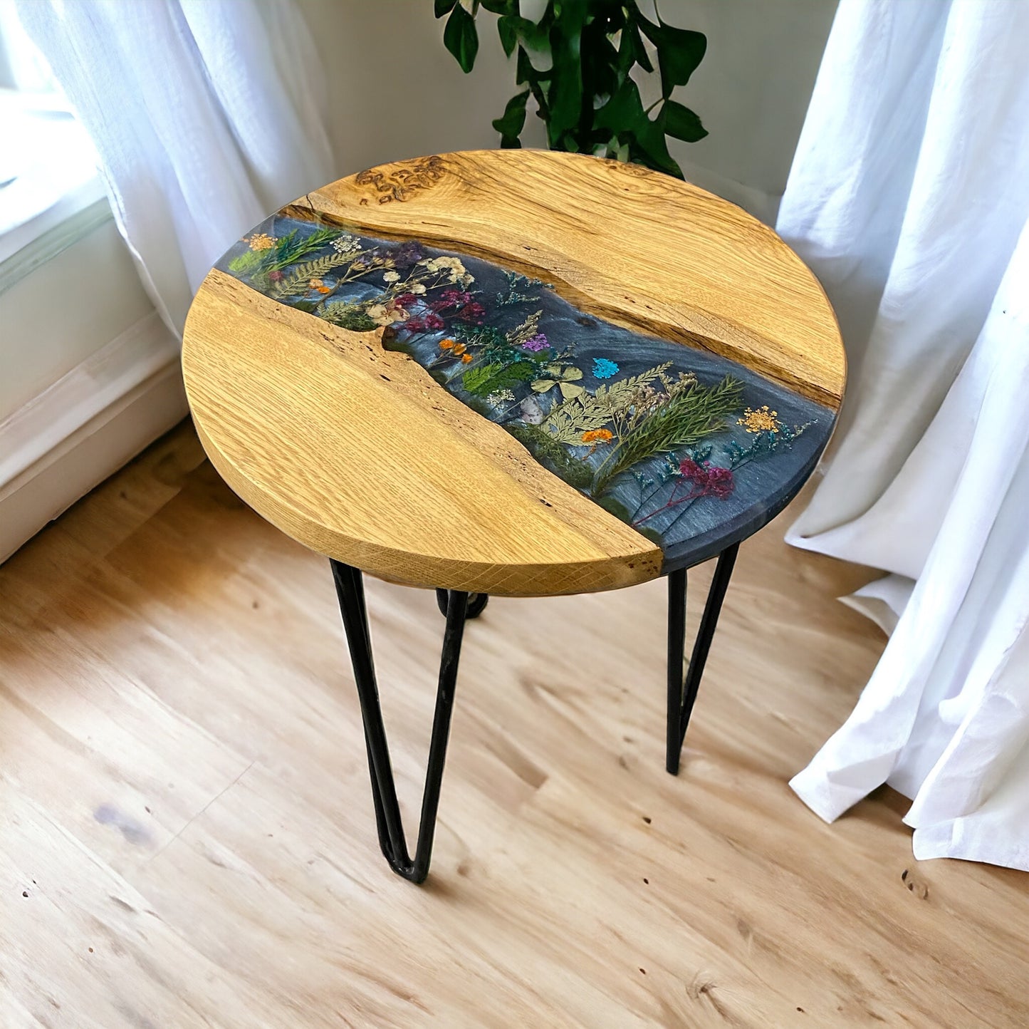 Made To Order Live Edge Oak & Epoxy Resin End Table - Blue Floral
