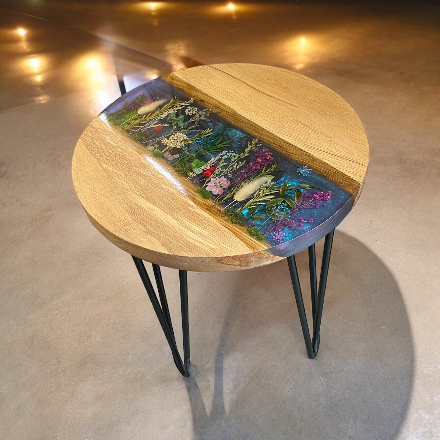 Made To Order Live Edge Oak & Epoxy Resin End Table - Blue Floral