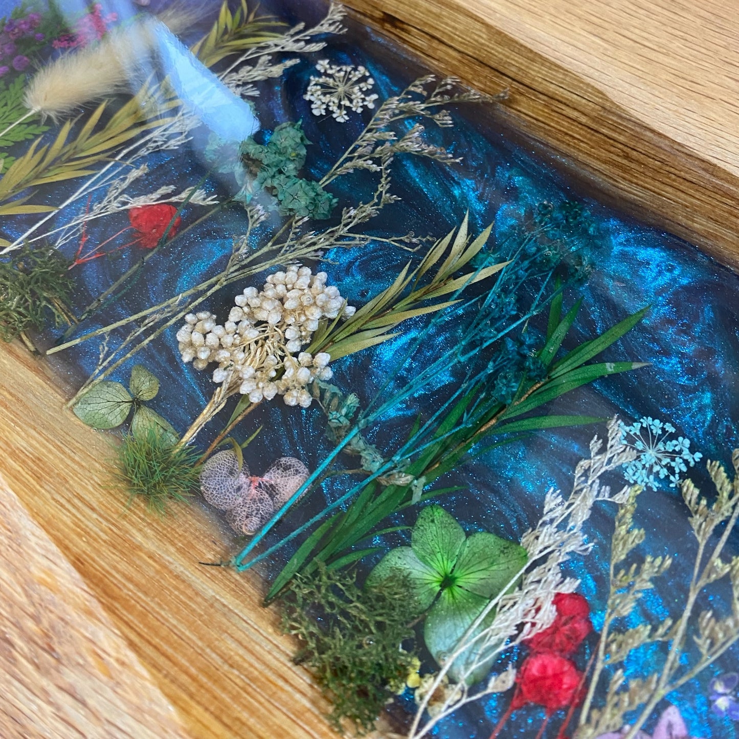 Made To Order Live Edge Oak & Epoxy Resin End Table - Blue Floral