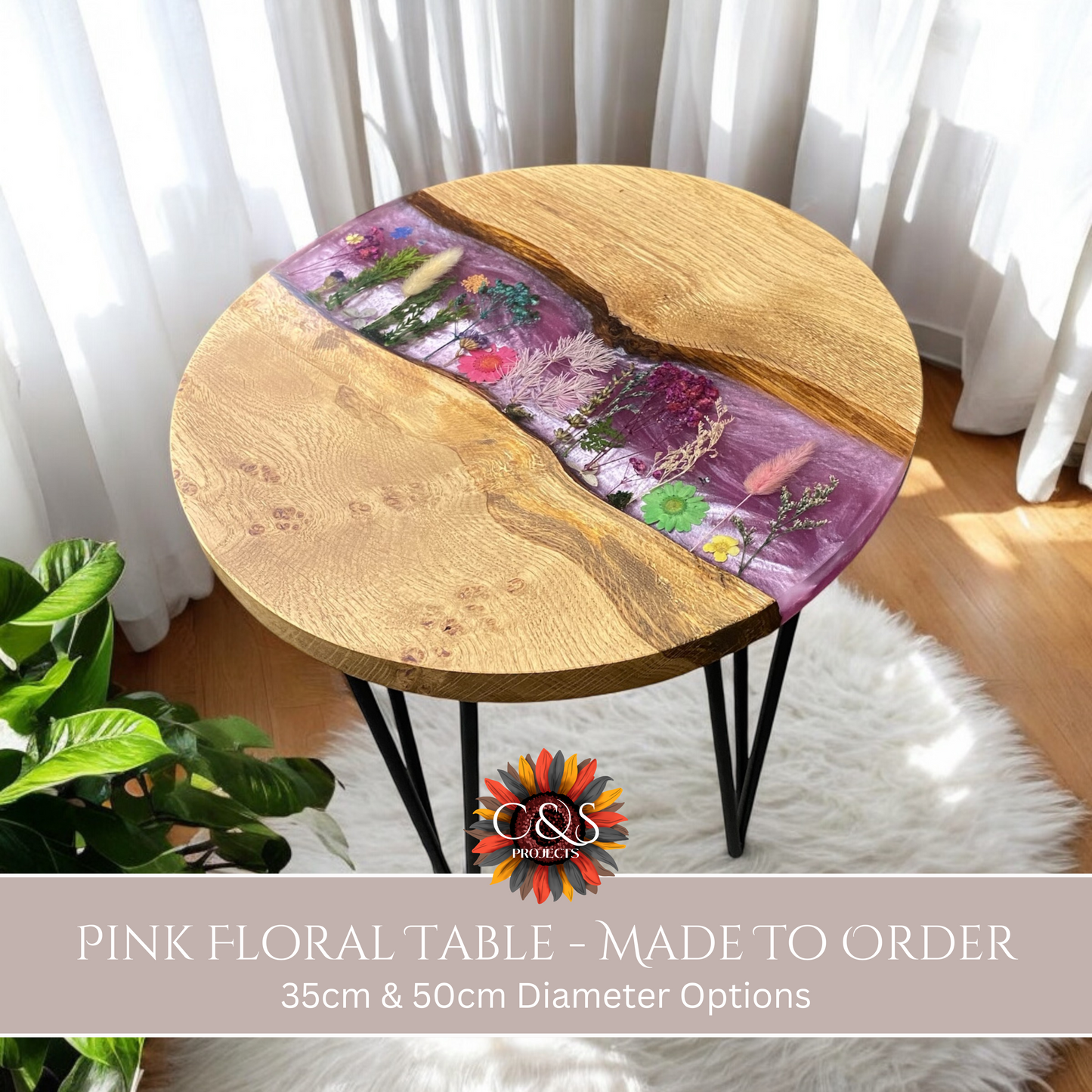 Made To Order Live Edge Oak & Epoxy Resin End Table - Pink Floral