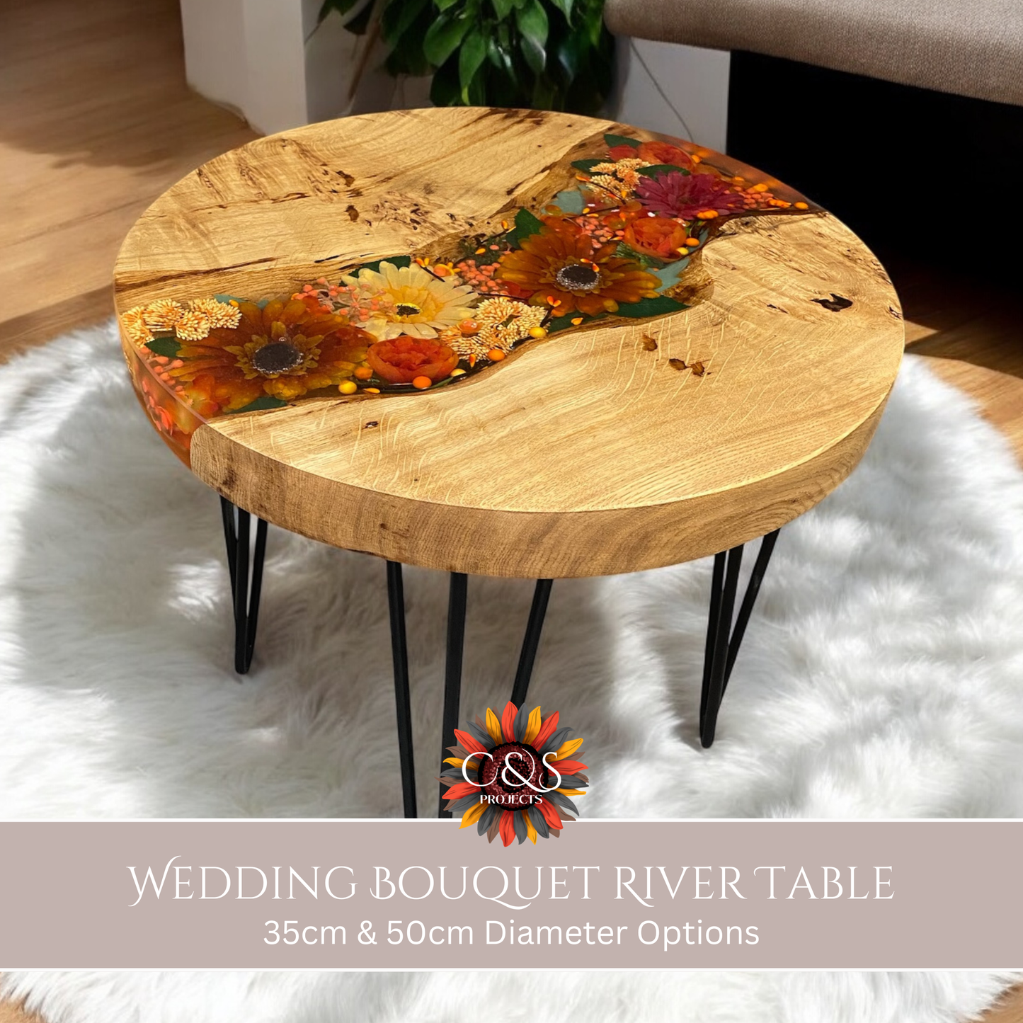 An infographic of a wedding bouquet oak and resin river table, with orange and yellow flowers set in a live edge river topped up with clear resin.