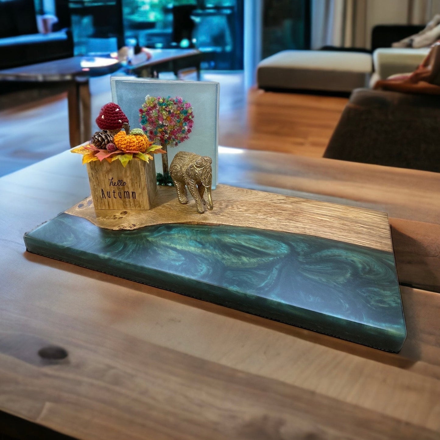 Oak & Epoxy Resin Table Centrepiece - Forest Green.