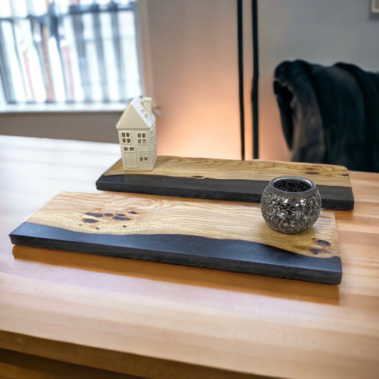 A beautiful Ash and epoxy resin table centrepiece or display stand. Featuring a black resin front edge and a light natural finish to the ash.