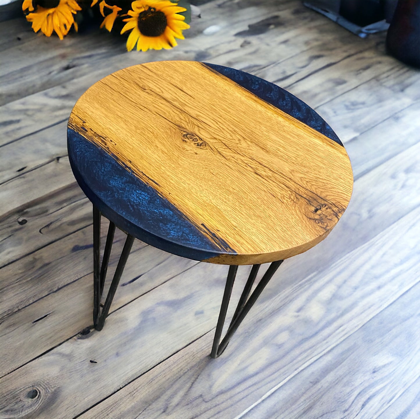 Oak & Epoxy Resin End Table - Navy Blue