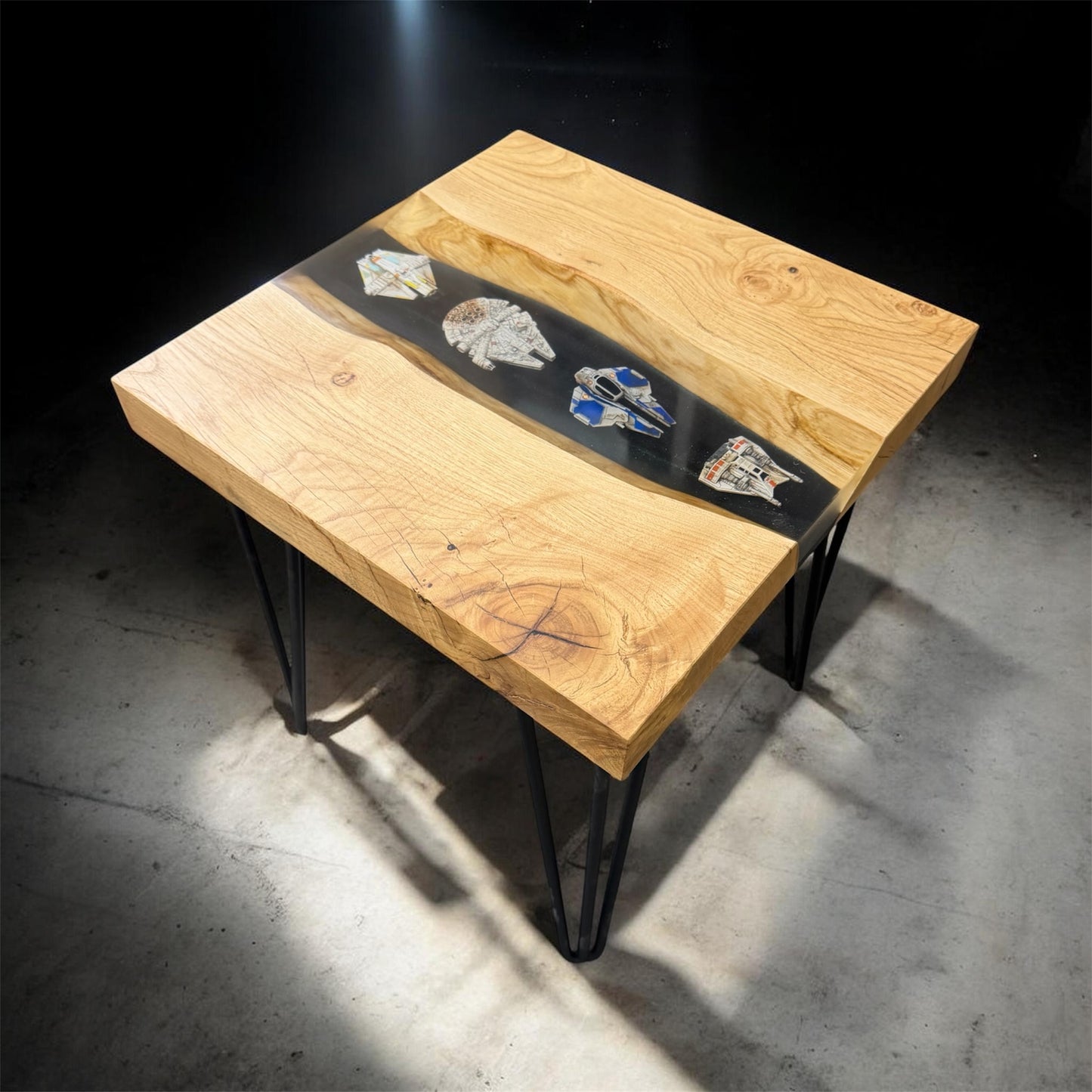 Solid Oak & Epoxy Resin End Table - Star Wars Rebel Fighters
