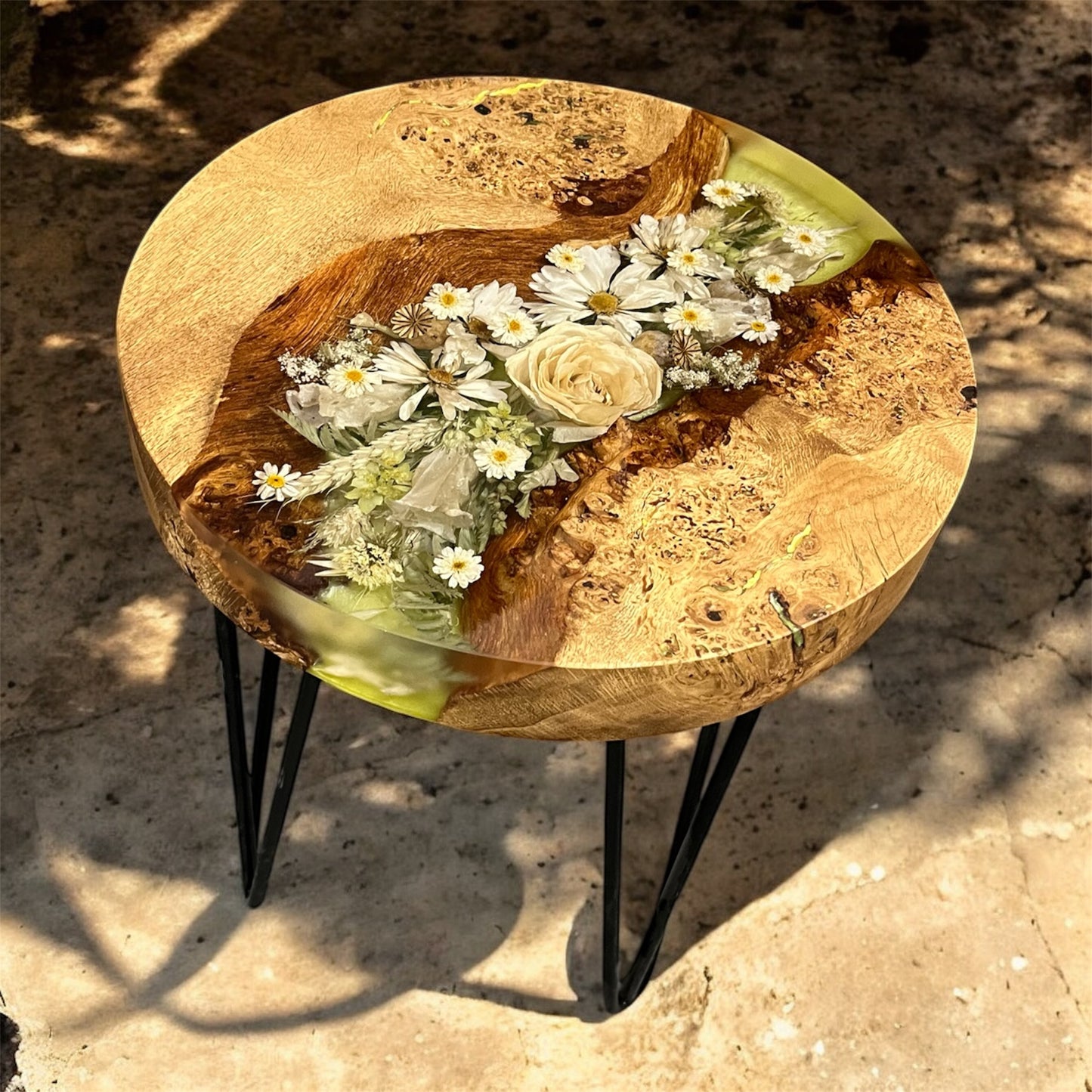 Made To Order Live Edge Oak & Epoxy Resin Wedding Bouquet Table