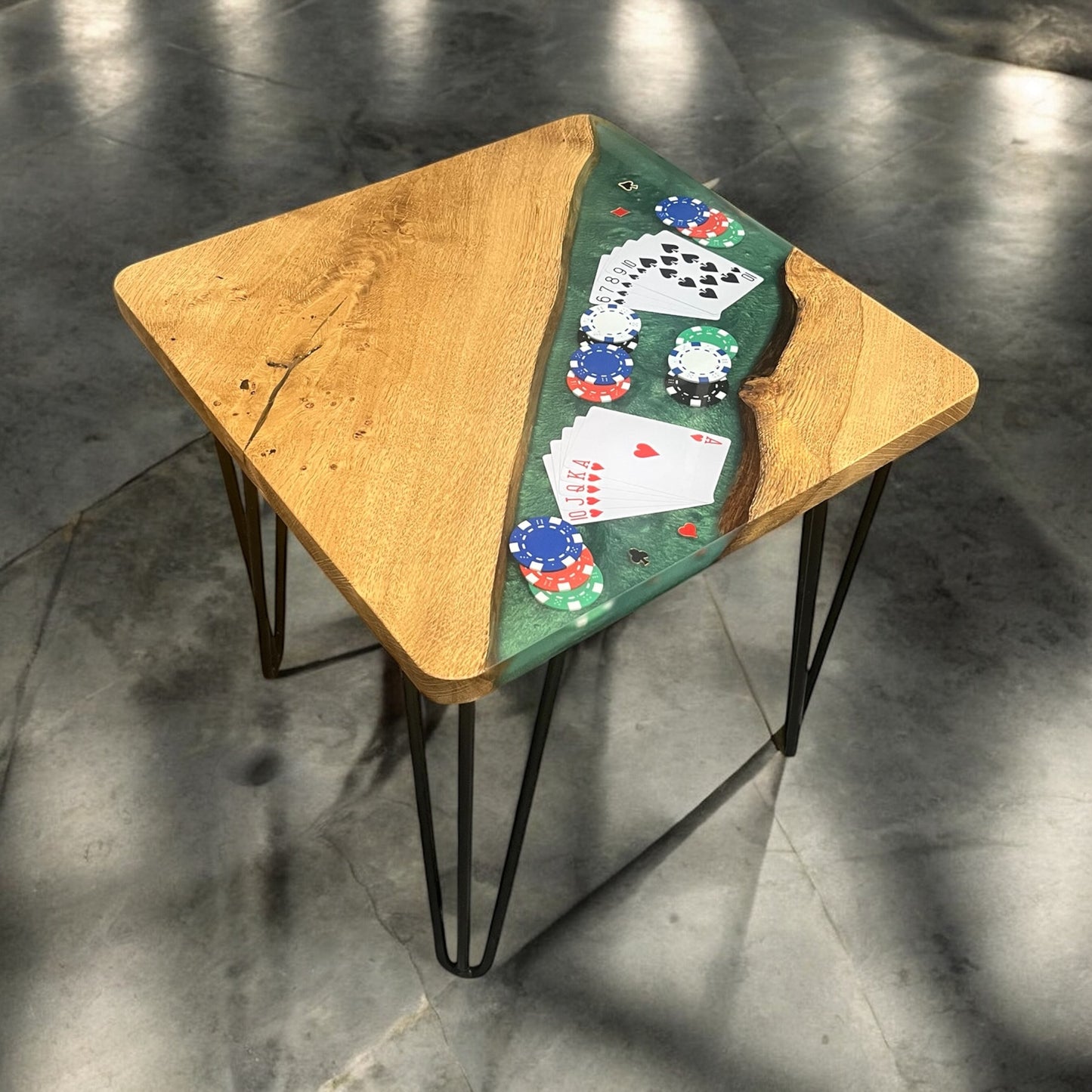 Oak & Epoxy Resin Square End Table - Poker
