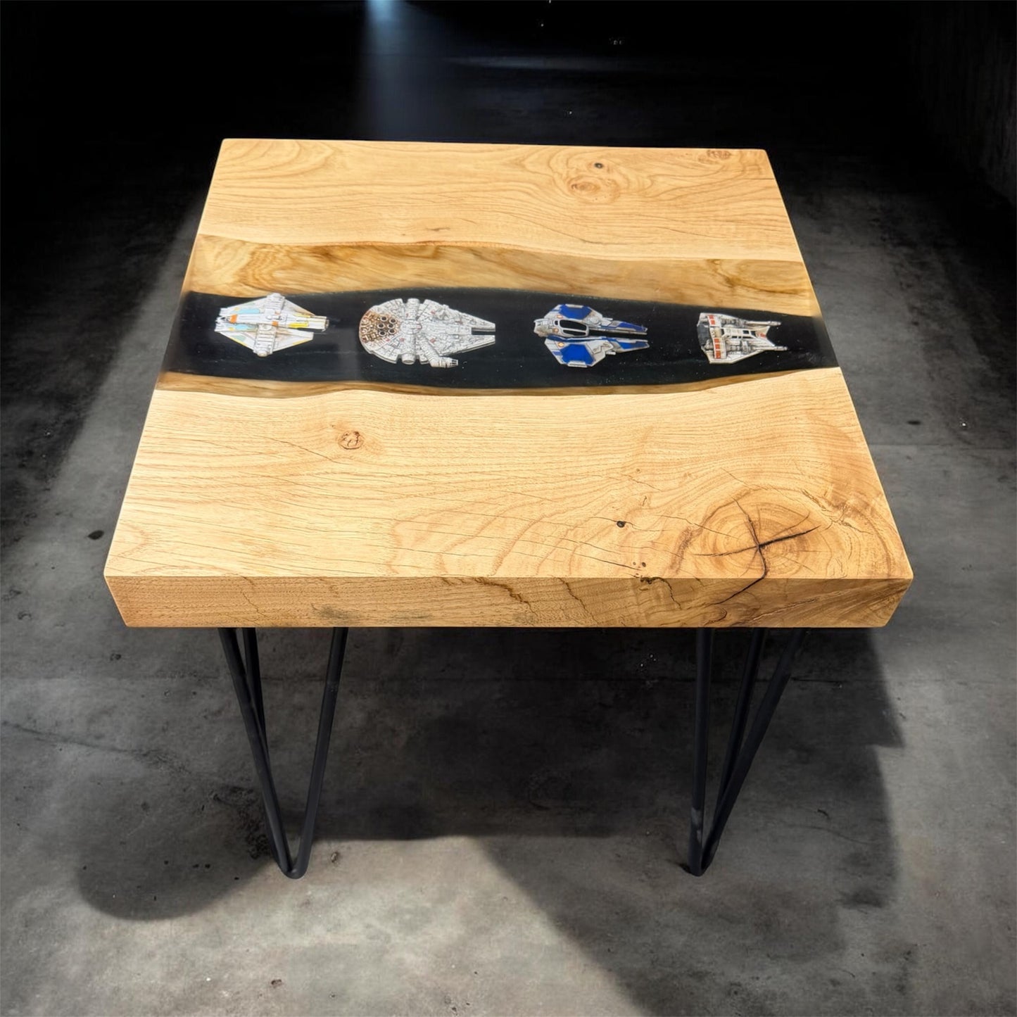 Solid Oak & Epoxy Resin End Table - Star Wars Rebel Fighters