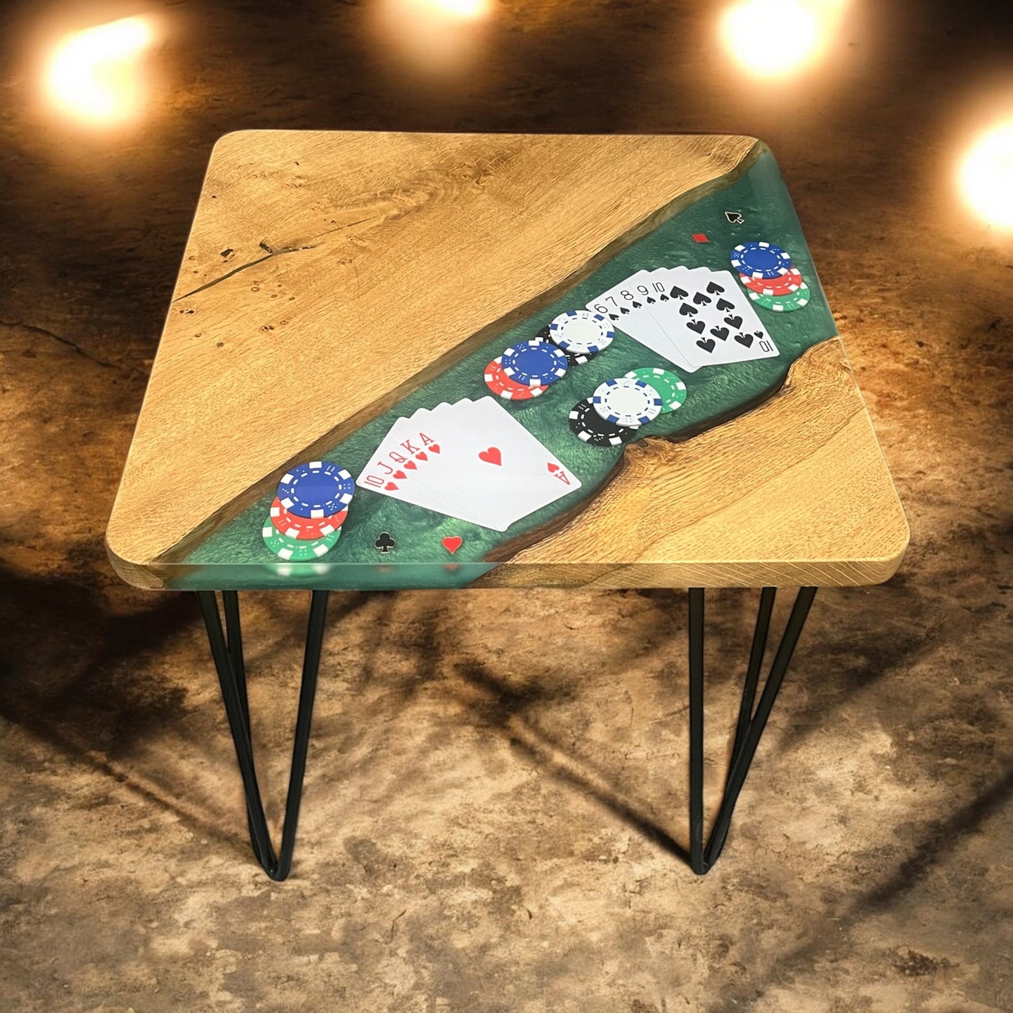 Oak & Epoxy Resin Square End Table - Poker
