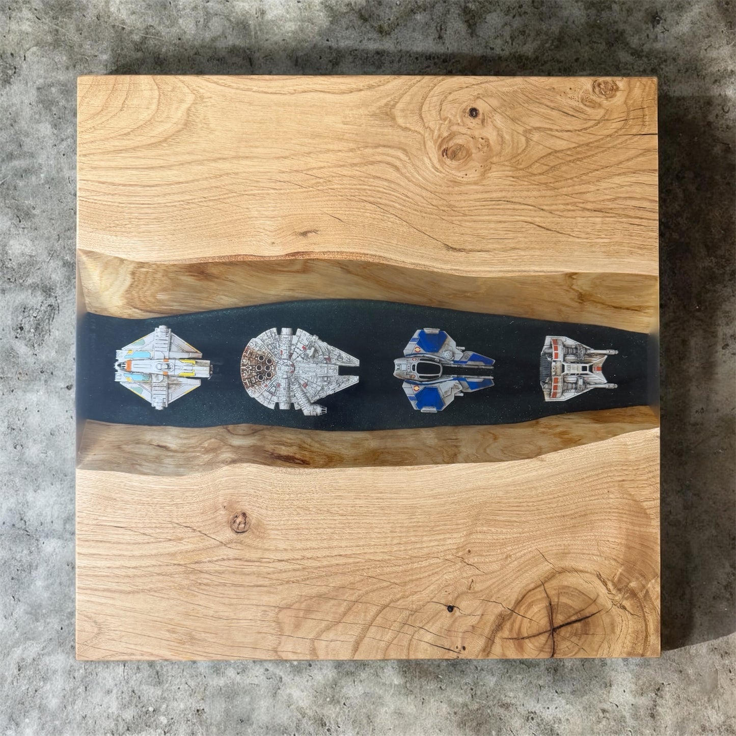 Solid Oak & Epoxy Resin End Table - Star Wars Rebel Fighters