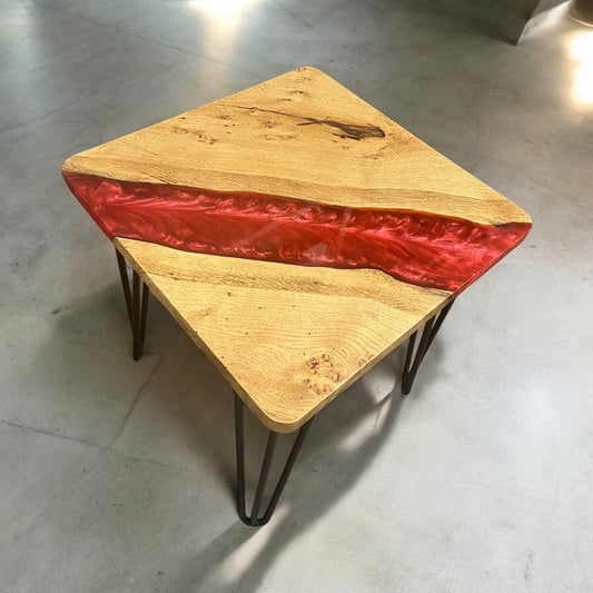 Oak & Epoxy Square End Table - Lava Red