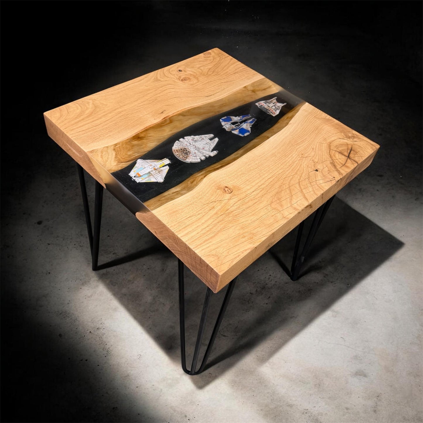 Solid Oak & Epoxy Resin End Table - Star Wars Rebel Fighters