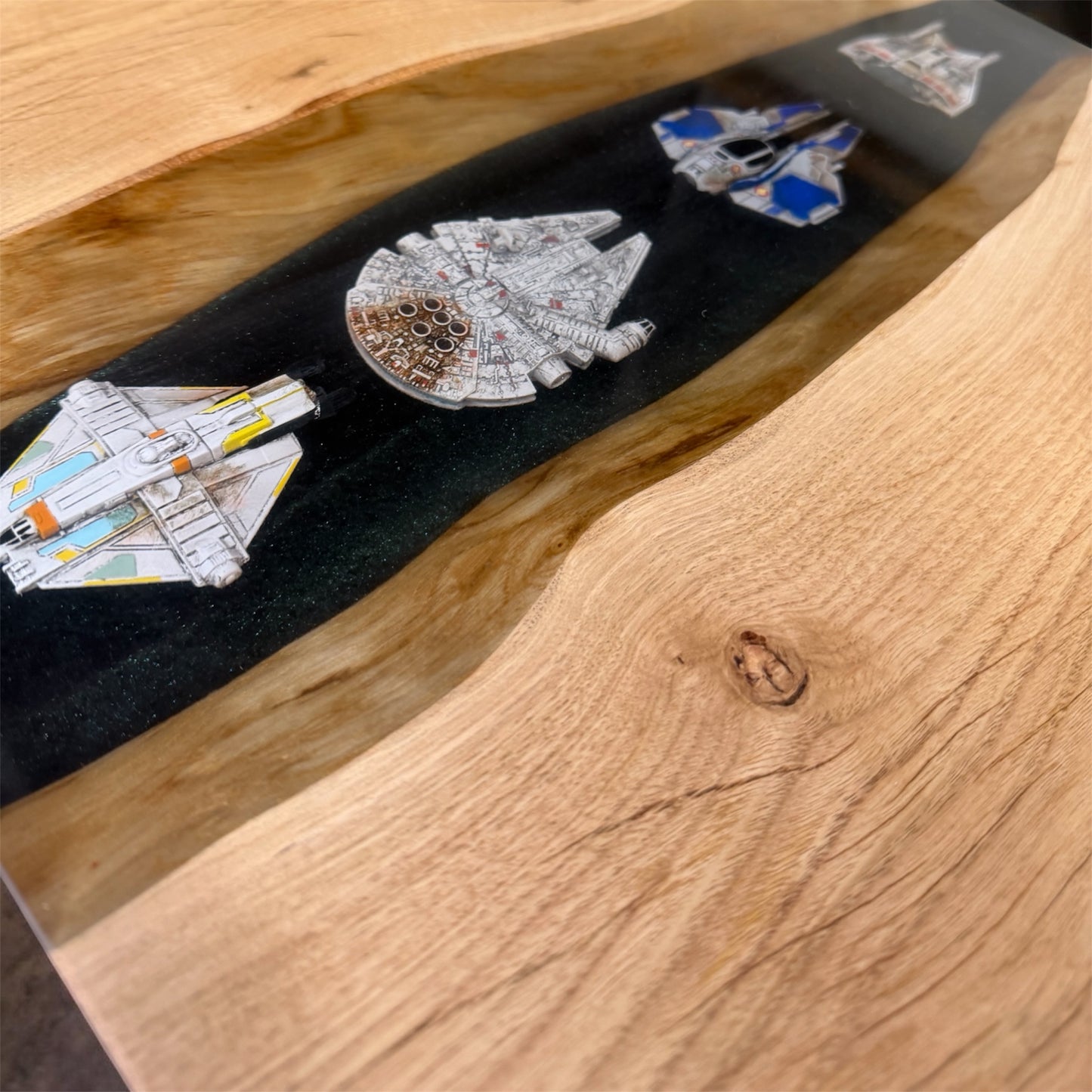 Solid Oak & Epoxy Resin End Table - Star Wars Rebel Fighters