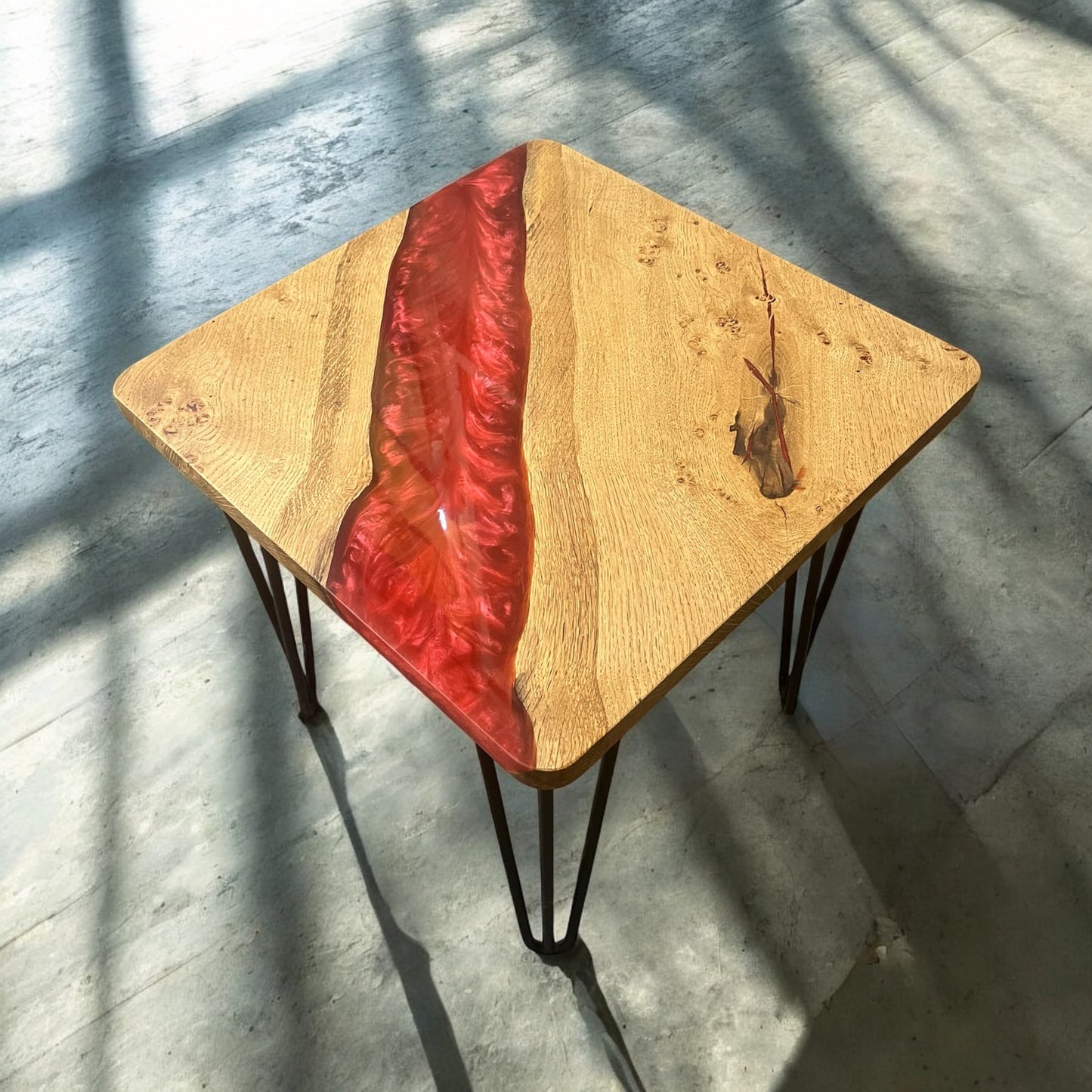 Oak & Epoxy Square End Table - Lava Red