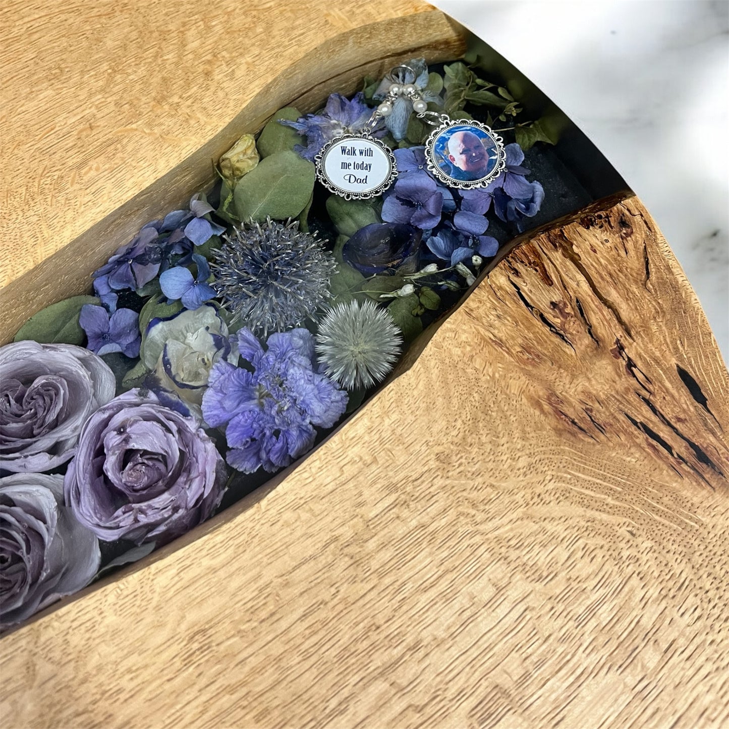 Made To Order Live Edge Oak & Epoxy Resin Wedding Bouquet Table